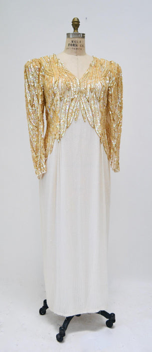 80s 90s Vintage off white Silver Cream Beaded Sequin Dress Gown Medium Pageant Wedding Party Dress Large White Beaded Dress