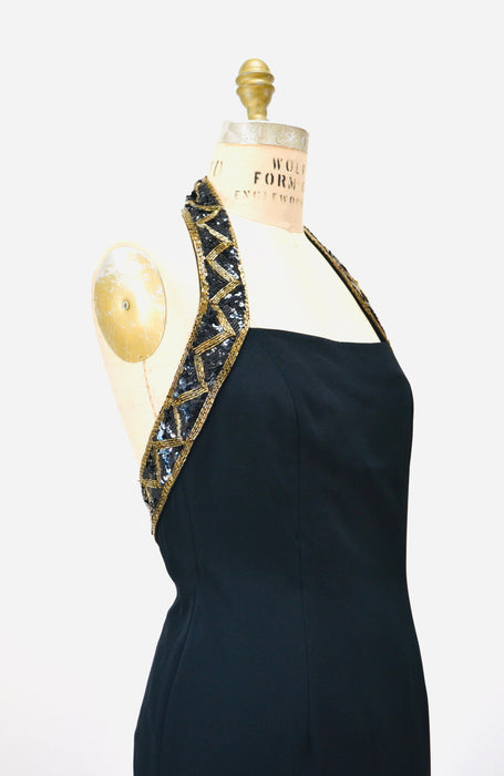 90s Vintage Black Halter Dress Sequin Beaded Metallic Halter Neck Cocktail Party Dress// 90s Black Metallic Sequin Dress Small Medium