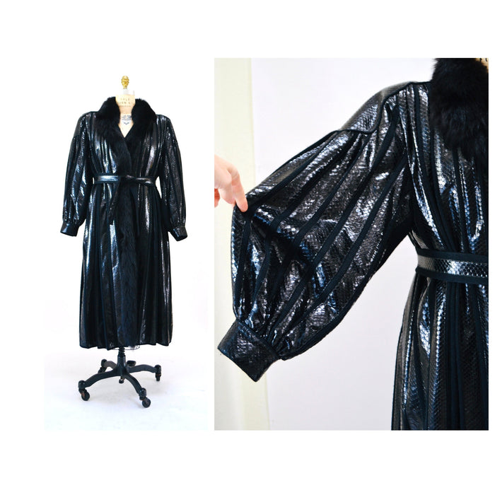 Vintage 80s Beltrami Black Snakeskin Fox Fur Coat Jacket Medium Large Made in Italy Vintage Designer Black Fur Snakeskin Coat Jacket Wool