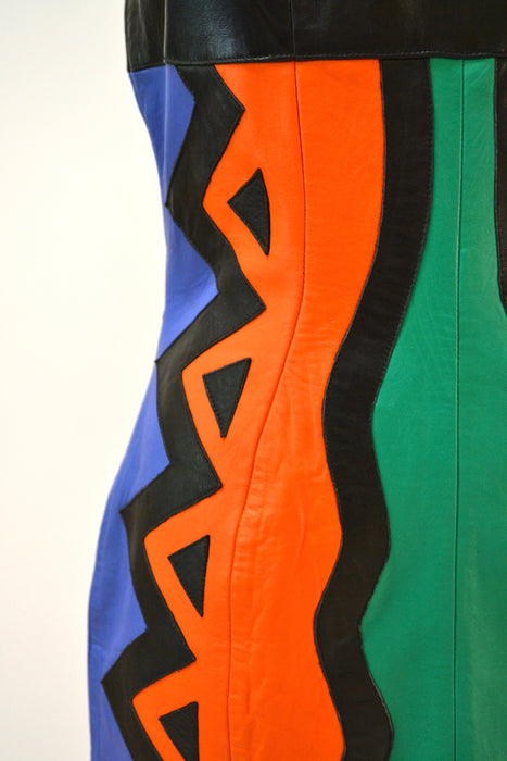Vintage Leather Dress Black Medium Large Pop Art tribal by Michael Hoban North Beach// 90s Vintage Leather Dress medium Large Patchwork