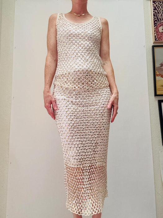 90s 00s Y2k Vintage White Gold Cache Crochet Sequin Club Party Beach Wedding Skirt and top Sheer Beach Dress Small Medium White Gold Dress