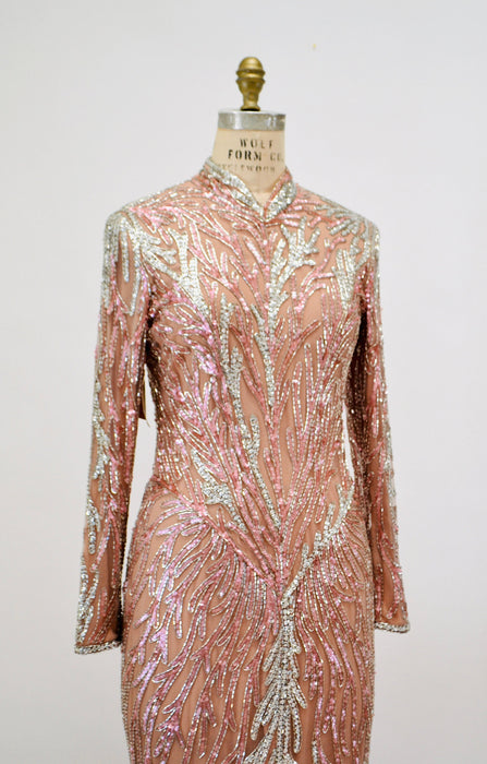 80s 90s Bob Mackie Vintage Pink Silver Beaded Sequin Gown Dress Pink Long Sleeve Sequin Gown Cher Sequin Dress XS SMALL Wedding