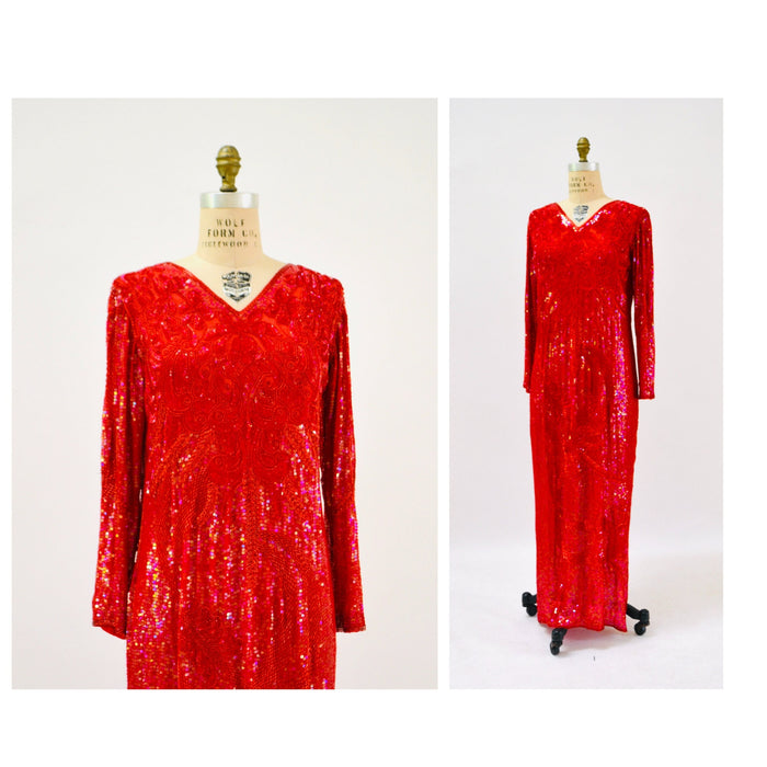 90s Vintage Red Sequin Beaded Dress Evening Gown Medium Large// 80s 90s Glam Red Sequin Long Sleeve Dress Beauty Pageant Showgirl Gown
