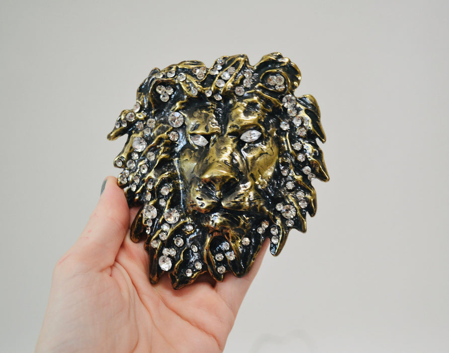 90s Vintage Katherine Baumann Beverly Hills Brass Swarovski Crystal Lion Belt Buckle Metallic Rhinestone Belt Buckle Large Cat LION Metallic