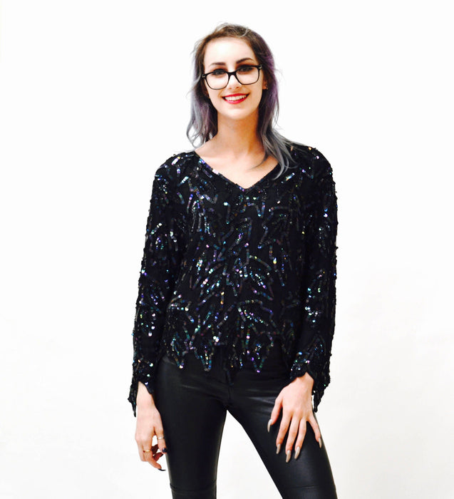 Vintage Metallic Sequin Shirt Black Art Deco Flapper Inspired Oil Slick// Vintage Flapper Inspired Beaded Shirt Top Black Sequins Small