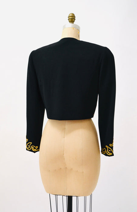 80s 90s Glam Vintage Black Gold Jacket Rhinestone Embroidered metallic Jacket Medium// Black Cropped Jacket Steven Stoller Metallic Medium