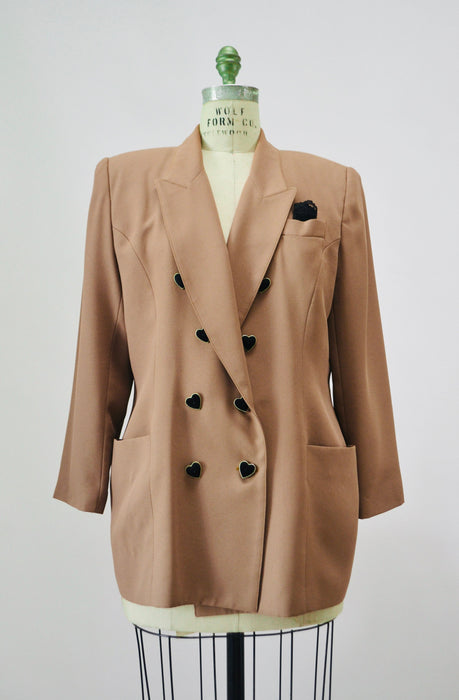 90s Vintage Brown Heart Jacket Blazer Suit with Heart Love Buttons Tan Blazer 80s 90s Glam Power Suit Medium Large Criscione 90s Suit