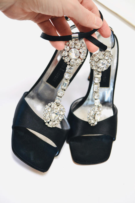 Vintage 00s Black Rhinestone High Heel Sandals Size 7 37 By Christian Lacroix 90s Rhinestone High Heel Sandals Strapy Wedding Shoes
