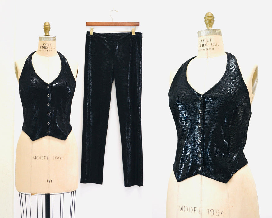 90s 2000s y2k Vintage Club Wear Halter top Pants Black Velvet Halter Top Velvet Pants By Betsy Johnson Medium 2000s Velvet Party Pants Top