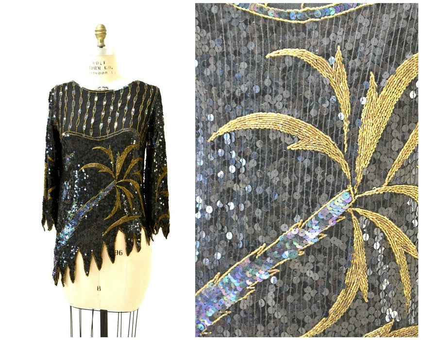 Vintage Metallic Sequin Shirt Black Art Deco Flapper Inspired Gold Palm Tree // 80s Vintage Beaded Shirt Top Black Sequins Small