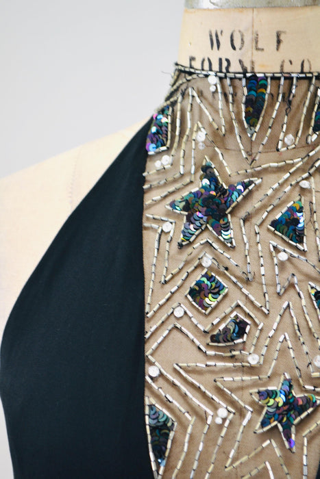 80s 90s Vintage BOB MACKIE Dress Black Star Beaded Metallic Halter Neck// Black Sexy Halter Mini Dress Small Medium Bob Mackie Cher