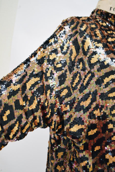 80s 90s Vintage Sequin Jacket Black Small Medium Large Leopard Cheetah Animal Pattern// Glam Vintage Black Sequin Jacket Animal Modi Medium