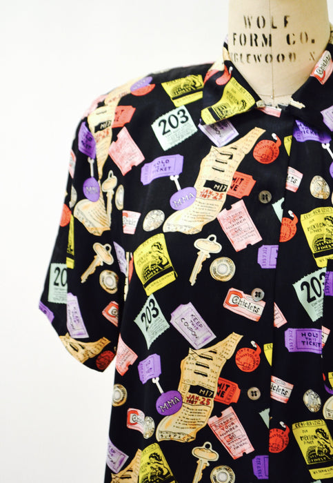 90s Vintage NYC Shirt Nicole Miller Silk Shirt New York CITY Tickets Pop Art Bottom of Your Purse Print Medium// Vintage NYC Silk Shirt