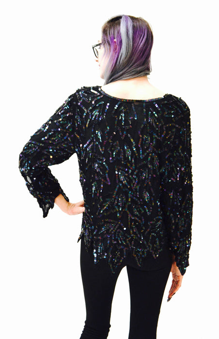 Vintage Metallic Sequin Shirt Black Art Deco Flapper Inspired Oil Slick// Vintage Flapper Inspired Beaded Shirt Top Black Sequins Small
