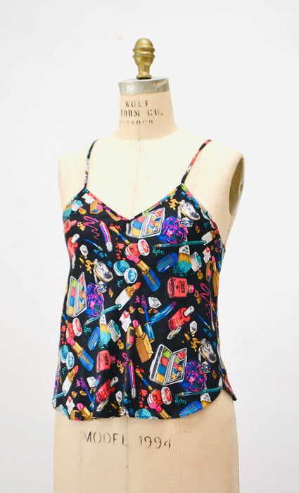 90s Nicole Miller Vintage Silk Tank Top Make UP Lip Stick Cosmetologist Print Small Medium // Vintage Silk Cami lingerie Make up Print