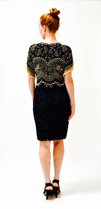 VIntage Black Sequin Dress Beaded Fringe Dress Medium Large// Black Beaded Fringe Dress Flapper Inspired Silk Dress Gold silver Pearls Dress