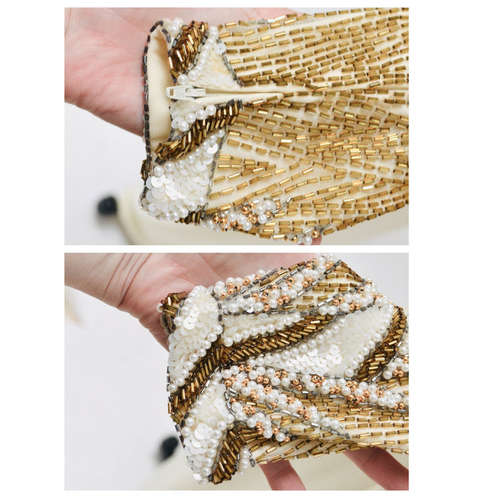 80s 90s Vintage BOB MACKIE White Cream Beaded Gold Sequin Gown Dress Size Small// Vintage Wedding Gown Beaded Long Sleeve Pageant Dress