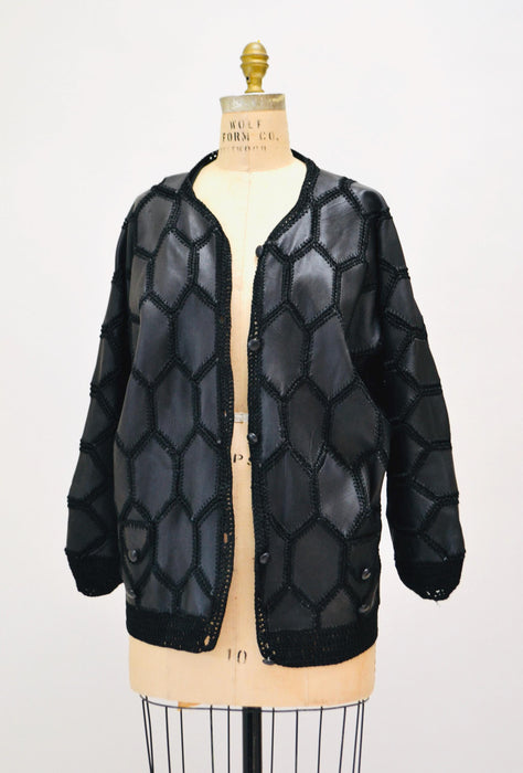 70s 80s Vintage Black Leather Jacket Patchwork Granny Square Leather Jacket Cardigan Sweater Small Medium Black Leather PatchWork Jacket