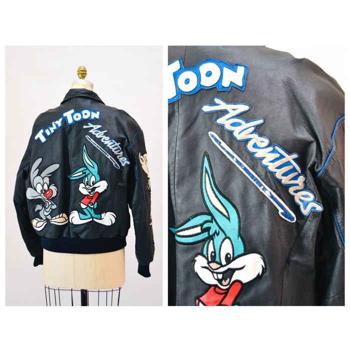 80s 90s Vintage Tiny Toons Adventures Leather Jacket Looney Tunes Cartoon Large Montana Toons Leather Jacket Warner Bros Taz Bugs Bunny