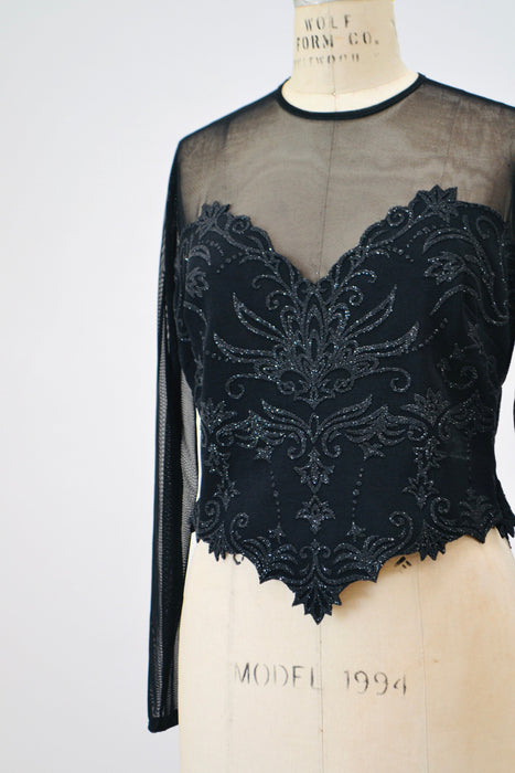 90s Vintage Sheer Black Velvet Top 90s Party Sheer long Sleeve Top Medium Large // 90s Sheer Mesh Velvet Party Shirt Tadashi Inspired Top