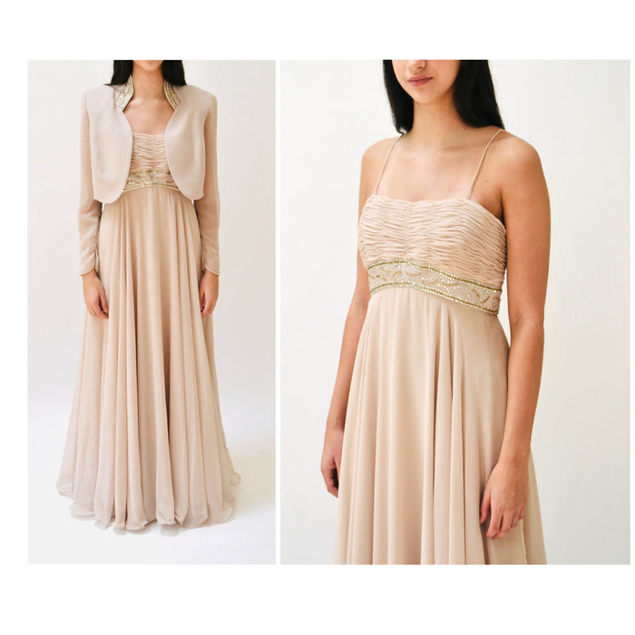 90s Vintage Wedding Party Tan Nude Evening Gown Jacket Rhinestone Beaded Dress Small Medium// Rose Taft Mother Of the Bride Wedding Dress