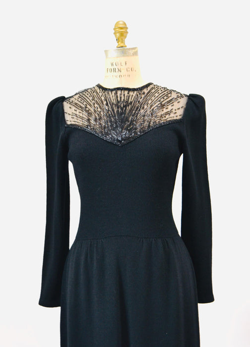 80s Vintage St John Dress Black Knit Dress By St John Beaded  Knit Long Sleeve Dress // 80s Black Sweater Knit Party Dress Small Medium