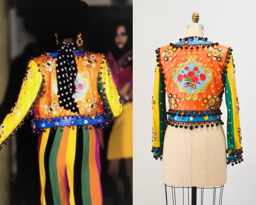 Vintage 90s Moschino Leather Jacket Gold Metallic 1991 Spring Summer Moschino Studded Leather Jacket Red Blue Green Yellow Made in ITaly