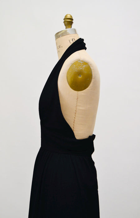 70s Vintage Black Halter Dress Mr Boots XS Small 70s Party long Black Halter Neck Dress 70s Disco Long Black Knit  Plunging neckline Dress