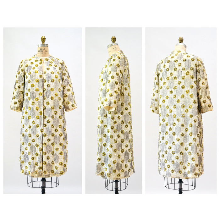 50s 60s Vintage Cream Gold Sequin Beaded Dress and Jacket Small Medium 1950s 60s Wedding Sequin Dress Jacket Flower Beaded Suit Miss Ruth