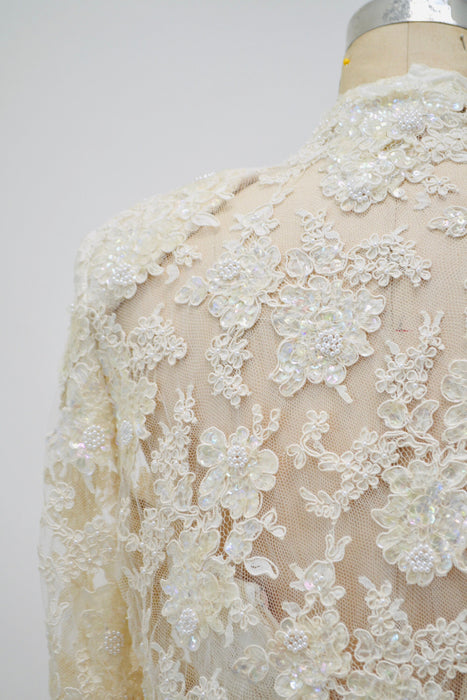90s Vintage Off White Lace Beaded Party Wedding Gown Beaded Cream White Lace Jacket XS SMALL// Vintage Sequin Lace Wedding Dress Halter Neck