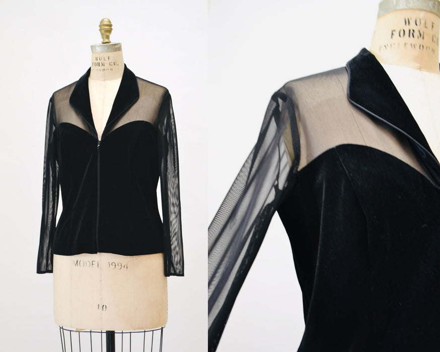 90s Vintage Sheer Black Velvet Top 90s Party Sheer long Sleeve Top Medium Large // 90s Sheer Mesh Velvet Party Shirt Tadashi Inspired Top