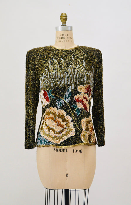 80s 90s Vintage Beaded Shirt Top Gold Floral Sequin Top Flowers// Vintage Beaded Party Top Flower Sequins Christmas Xmas New Years Party Top
