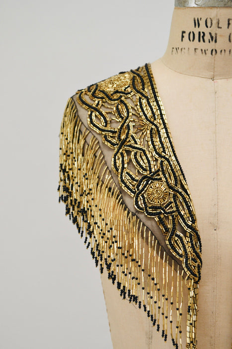 Vintage Gold Beaded Fringe Shawl Wrap Burlesque Wedding Flapper Gold Metallic Beaded Vintage Fringe Collar Shawl Gold Black Wrap Sharmark
