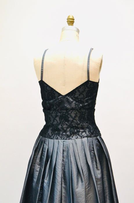 Vintage 80s 90s Black Grey lace Crinoline Skirt and Top Small Medium 80s Prom Madonna Dress// 80s Grey Taffeta Lace Party Dress Skirt Top