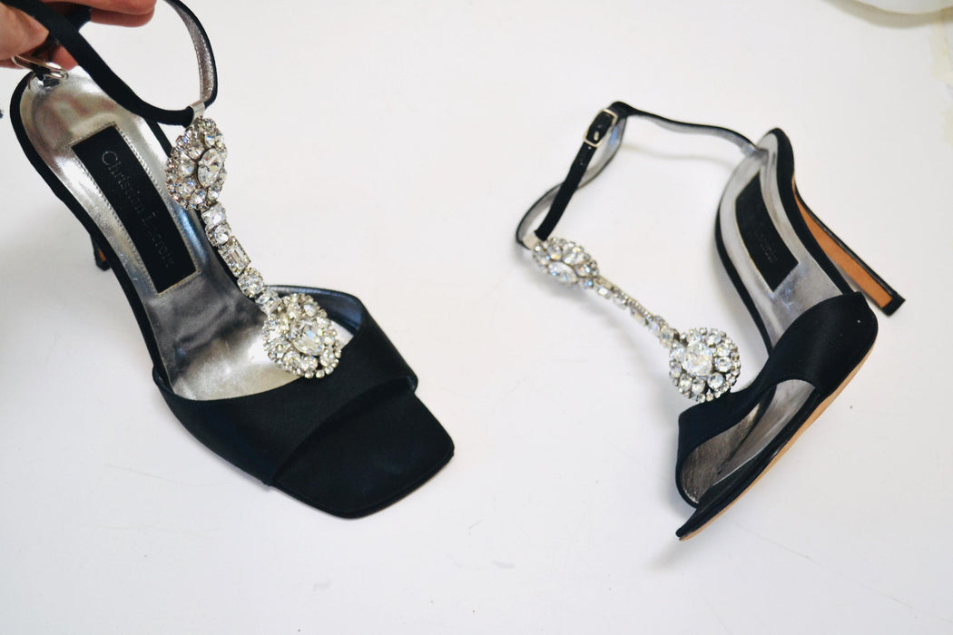 Vintage 00s Black Rhinestone High Heel Sandals Size 7 37 By Christian Lacroix 90s Rhinestone High Heel Sandals Strapy Wedding Shoes