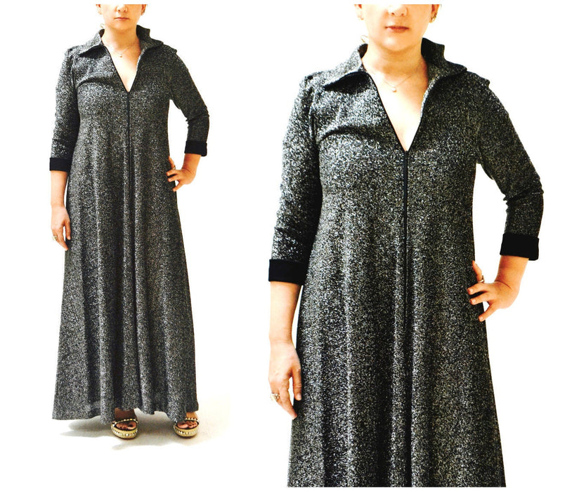 70s Vintage Metallic Dress Black Silver Night Gown Caftan Maxi Dress Medium Large// Vintage Silver Black Metallic Dress Robe by Loll Ease