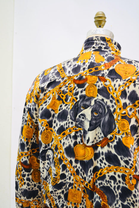 80s 90s Escada Jacket Vintage Silk Animal Dog Dalmatian Print Jacket Vintage Dog Jacket// Vintage Dog Print Bomber Jacket Escada Scarf Print