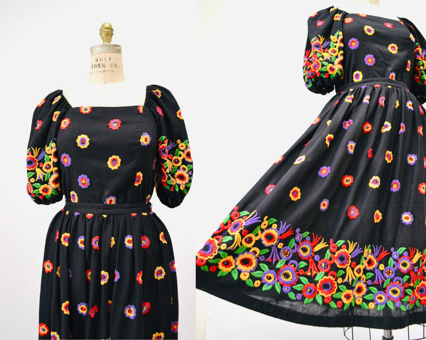 70s 80s Vintage Embroidered Boho Shirt Skirt Dress Set Small Black Cotton Floral Boho Shirt Skirt Embroidered Floral Dress Sara Fredericks