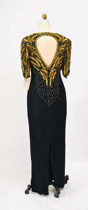 70s 80s GLAM Vintage Black Gold Beaded Sequin Evening Gown Small Medium // 80s 90s Pageant Drag Queen Black beaded Dress Gown Medium
