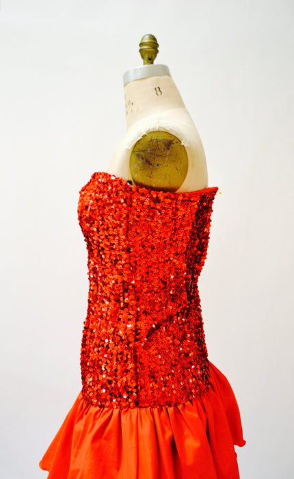 Vintage Red 80s Party Prom Dress Sequin Evening Gown Strapless Red XS Small// 80s Prom Pageant Dress Red Sequins Strapless Gown XS Small