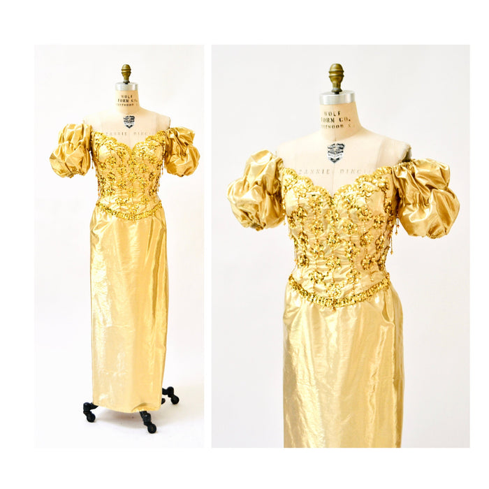 Gold Metallic 80's Prom Dress Evening Gown Medium Large// 80s Vintage Gold Drag Queen Pageant Dress Evening Gown Mike Benet Medium Large