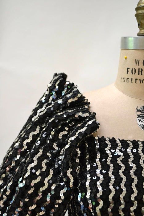 Vintage 80s Prom Dress XS Small Black Silver Sequin Evening Ball Gown// Vintage Silver Sequin Dress Small Princess Dress
