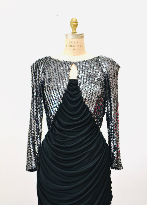 70s 80s Vintage Black Stretch Disco Sequin Dress Medium// 70s 80s Black Metallic Sequin Sexy Knit Dress 70s Disco Party Body Con Dress