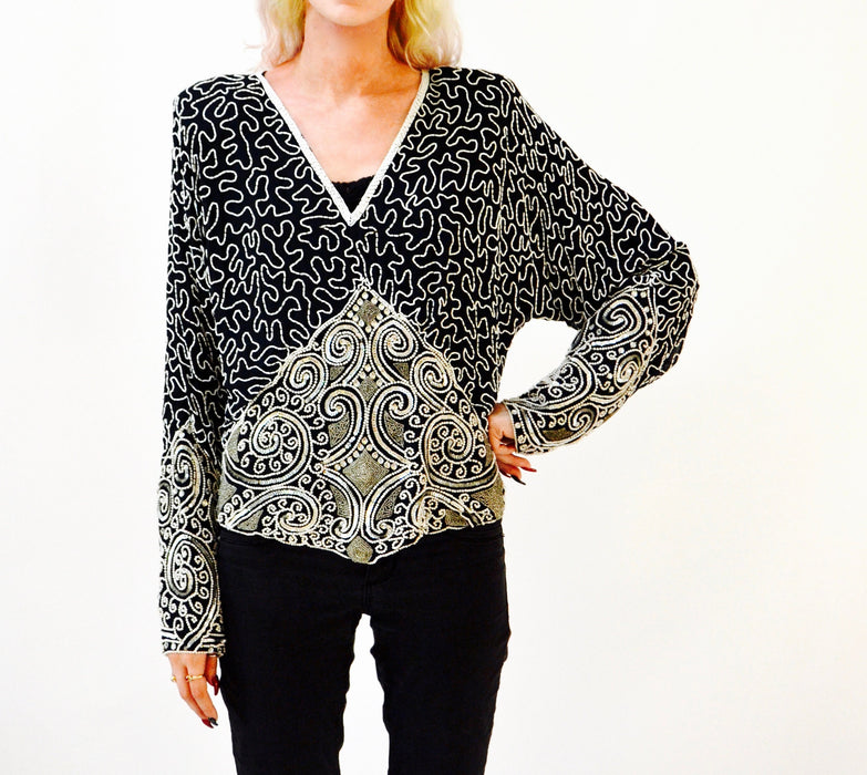 80s 90s Vintage Beaded Sequin Shirt Top Black White Silver Medium Large Art Deco Flapper Inspired Beaded Top Shirt Judith Ann Creations