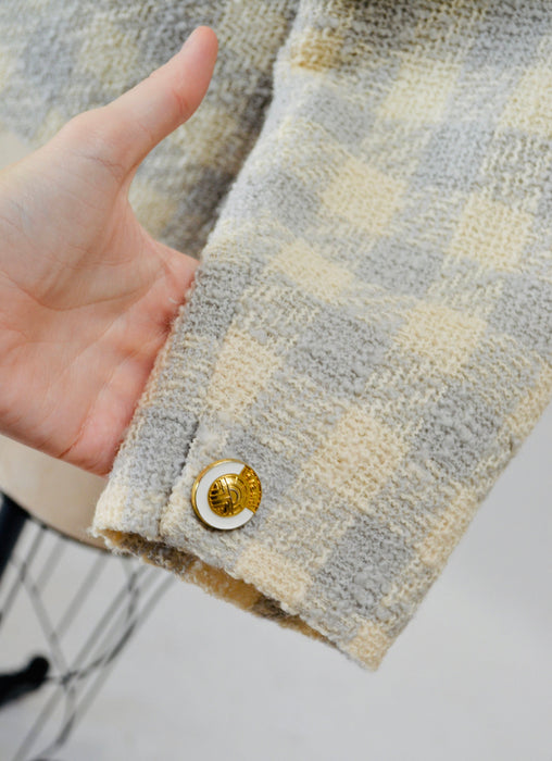 90s Vintage Cream Grey Boucle Plaid Jacket By Louis Feraud US 10 Medium Off White Grey Boucle Wool Houndstooth Plaid Jacket Small Medium