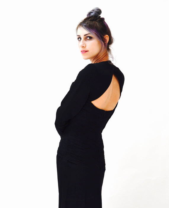 Vintage 90s Black Evening Gown Dress XXS XS Silk With Rhinestones By Sherri Hill Cut outs // Vintage Black Pageant Long dress long Sleeves