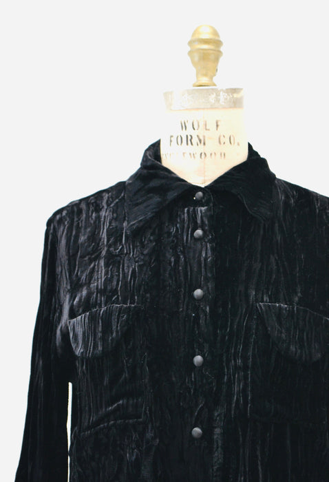 70s 80s Black Velvet Shirt Crushed Velvet Button Down Shirt Size Small Medium// Vintage Black Velvet Shirt Small medium Button Down