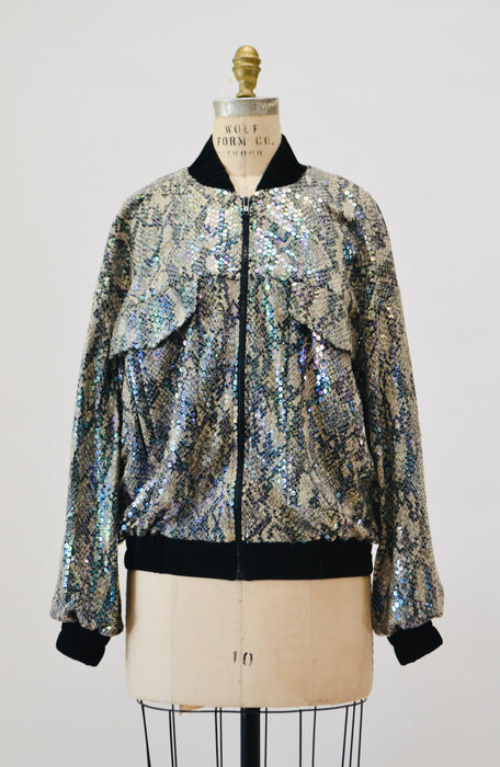 90s Vintage Sequin Bomber Track Jacket Black Grey Sequin Snake Python Jacket Small Medium// 90s Party sequin Jacket Snake Print Criscione