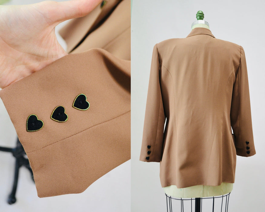 90s Vintage Brown Heart Jacket Blazer Suit with Heart Love Buttons Tan Blazer 80s 90s Glam Power Suit Medium Large Criscione 90s Suit