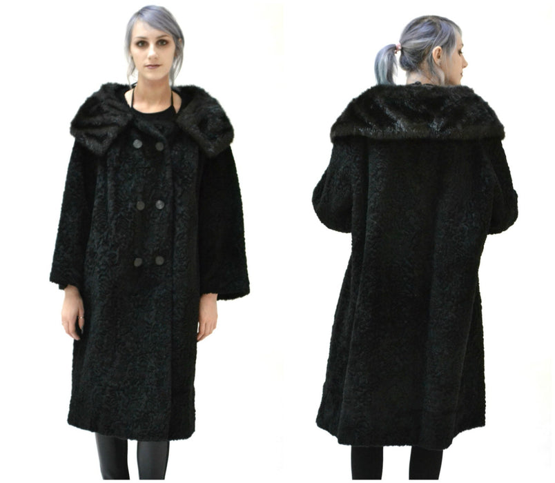50s 60s Vintage Black Faux Fur Coat Jacket Size Large// Vintage Black Vegan Fur Coat Jacket Size Large Persian Lamb Aline 60s Faux Fur Coat